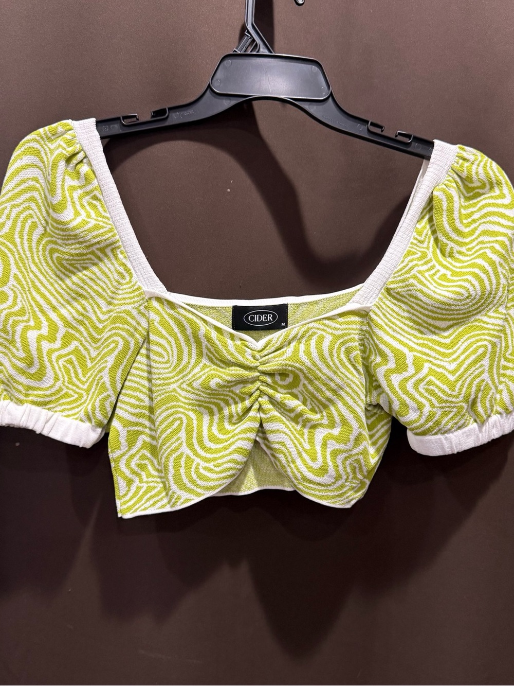 Cider Lime Green Swirl Puff-Sleeve Crop Top with White Trim